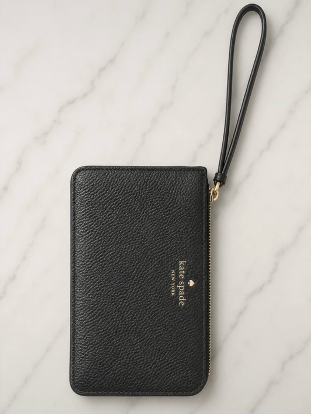 kate spade Black Pebbled Leather Zip Wristlet with Gold Logo